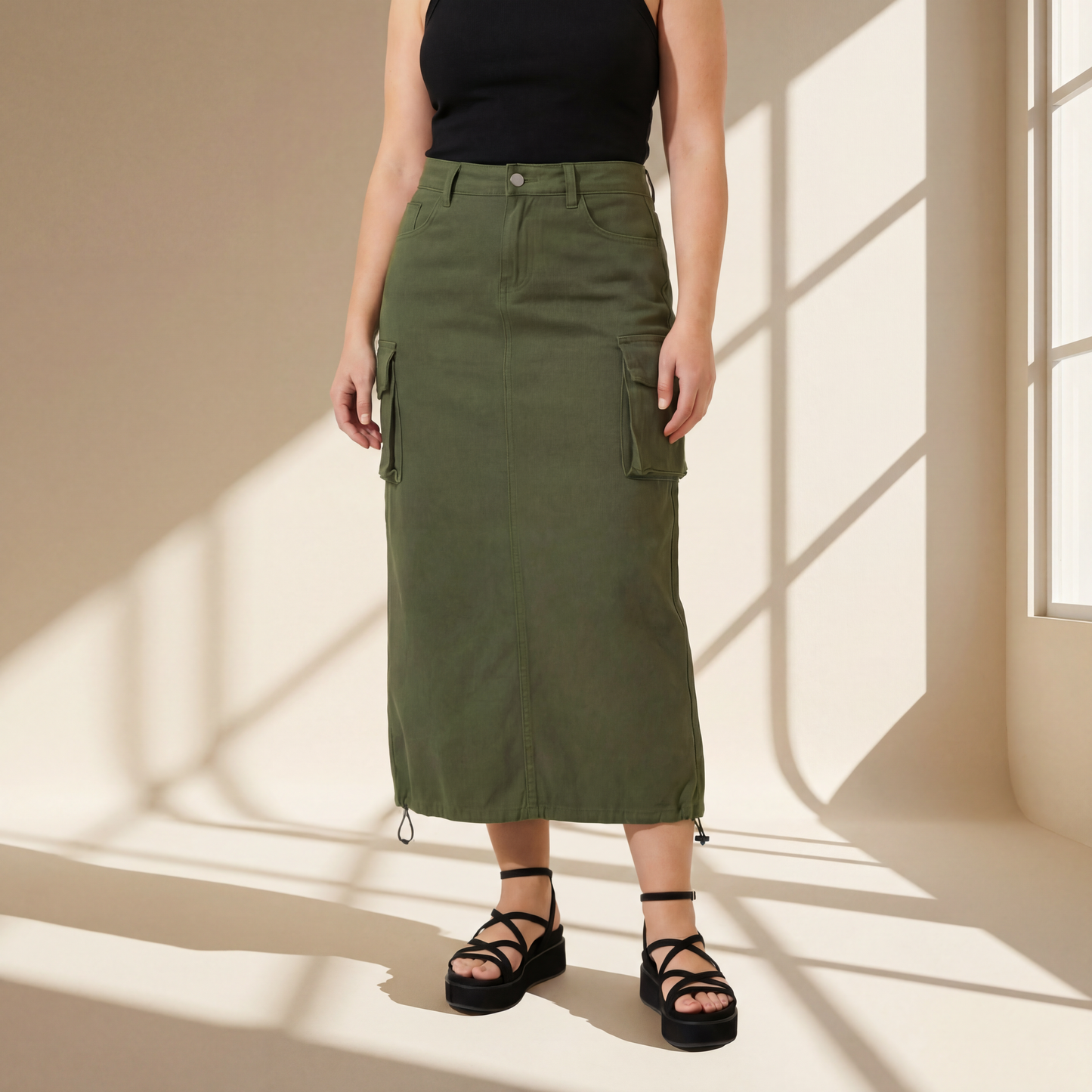 Cargo Midi Skirt | Drawstring Side Utility Skirt | Streetwear Cargo Skirt with Pockets | Green or Grey