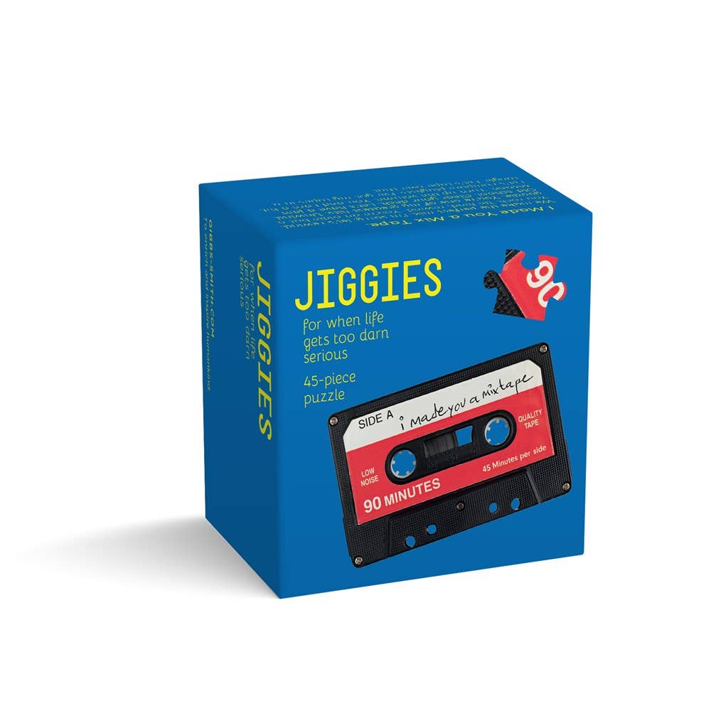 Blue box with 'Jiggies' branding and a cassette tape design on a white background
