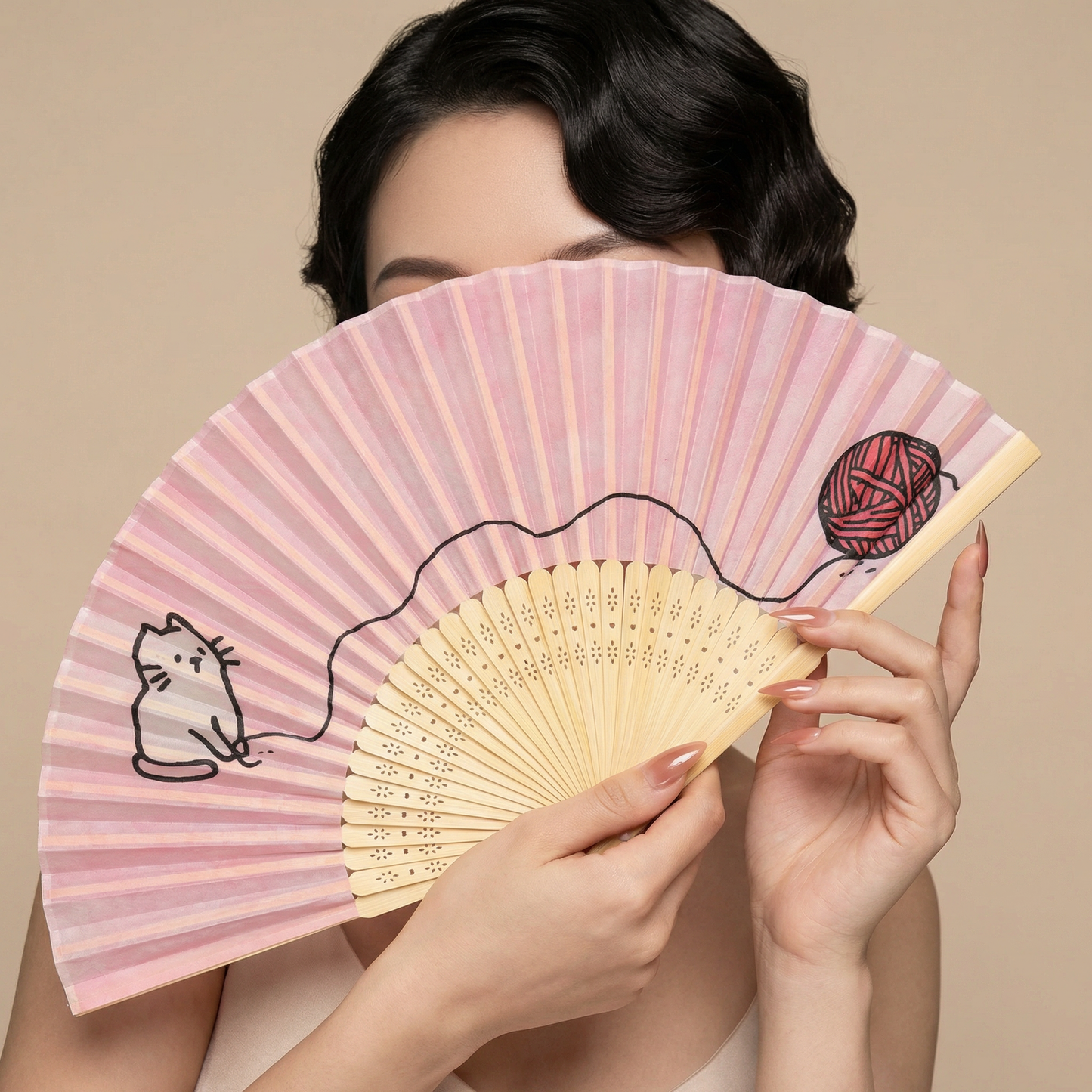 Cat and Yarn Design Paper Folding Fan | Handheld Fan with Wooden Frame | 10"