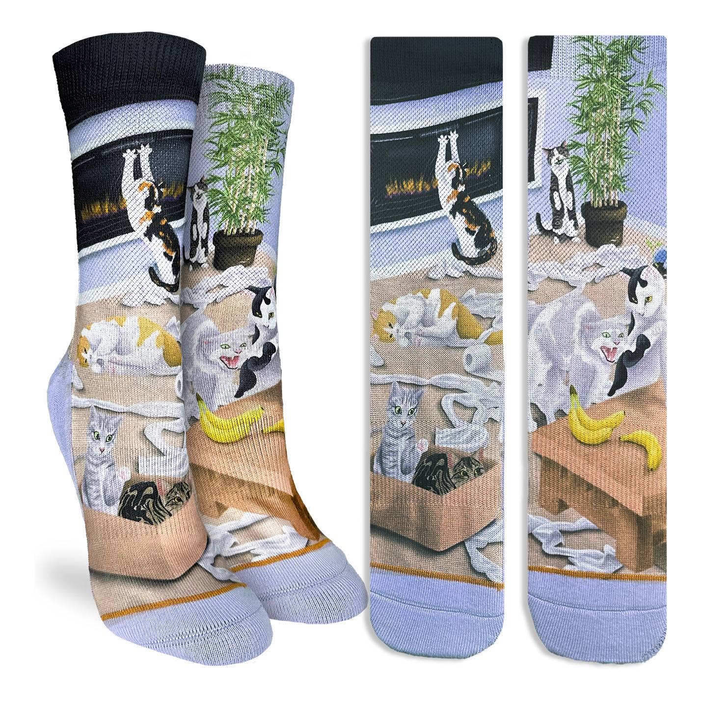 Cats Causing Catastrophe Women's Socks in Lilac | Mischief Cat Design Crew Socks