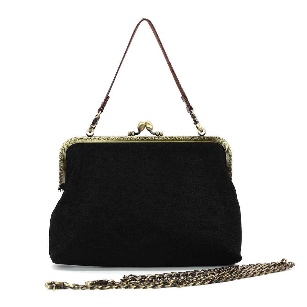 Black back of handbag with gold chain and frame on a white background