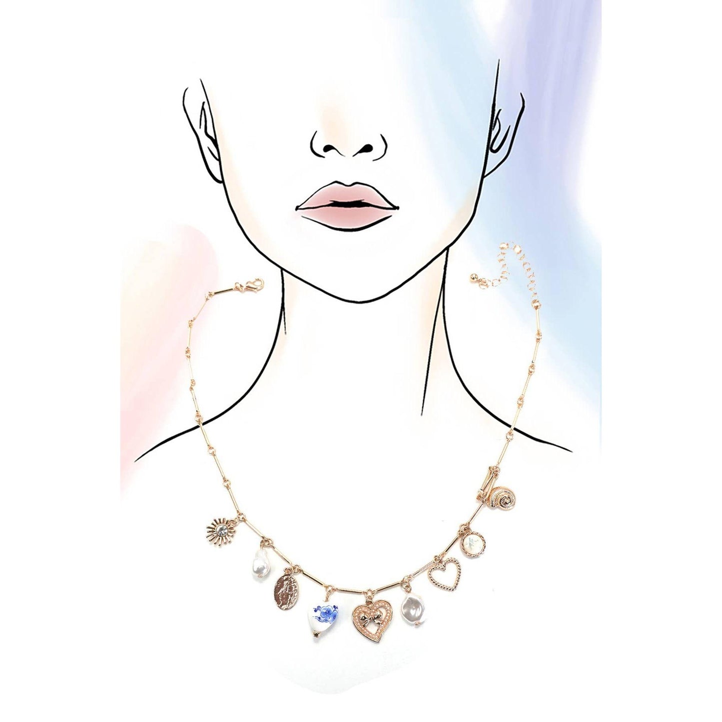 Ceramic Porcelain Heart Pearl Charm Necklace in Gold Plating | 16" Long