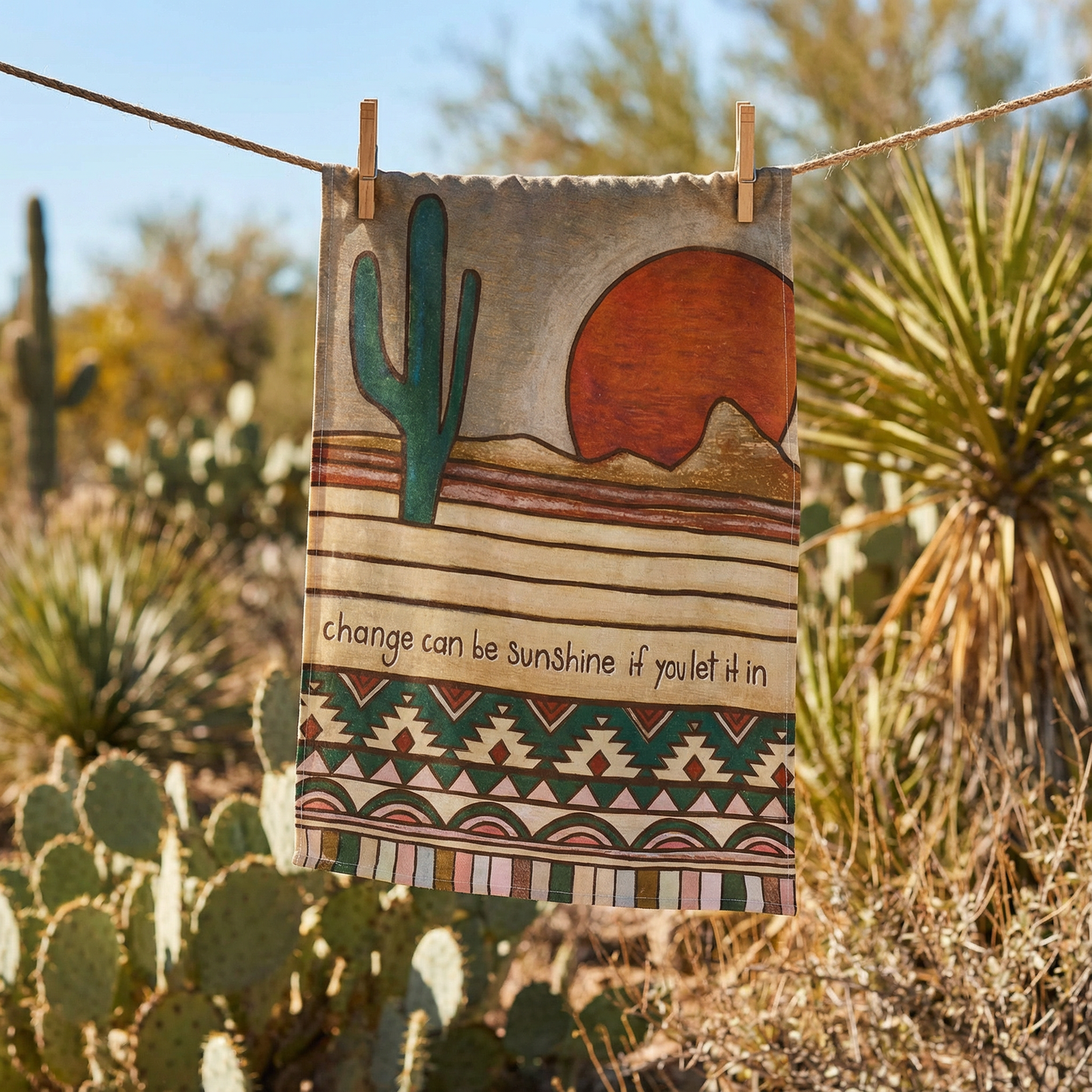 Change Can Be Sunshine If You Let It In Kitchen Towel | Woodburned Desert Hand Tea Dish Cloth | 18" x 28"
