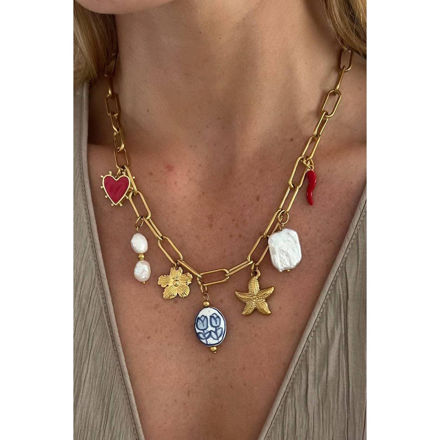 Charm Necklace Tulip and Chili Pepper 18K Stainless Steel Tarnish Free Gold Finish | 16" Long | Paper Clip Style Chain