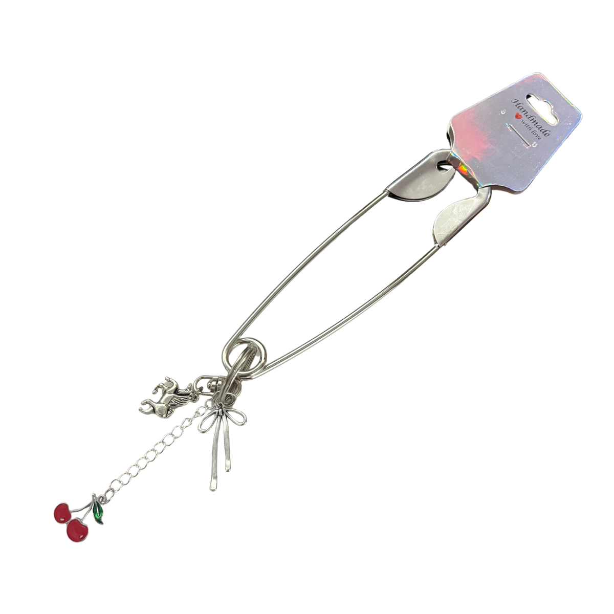 Charmed Safety Pin Hair Clip | Cherry Coquette | 5" Silver | Handmade