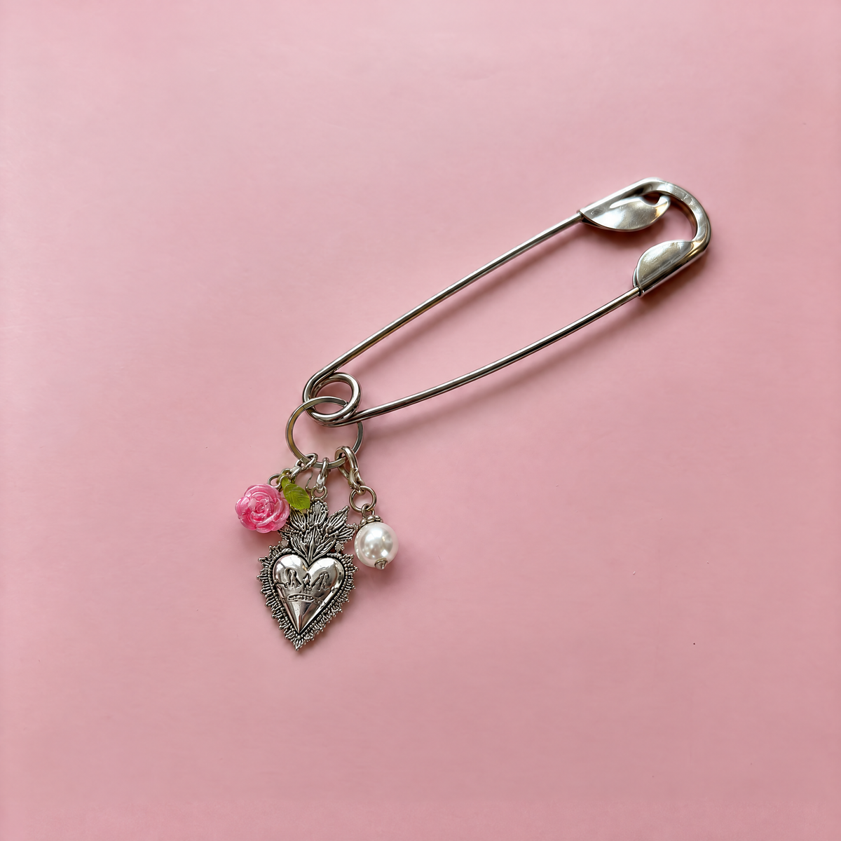 Charmed Safety Pin Hair Clip | Sacred Heart + Rose | 5" Silver | Handmade