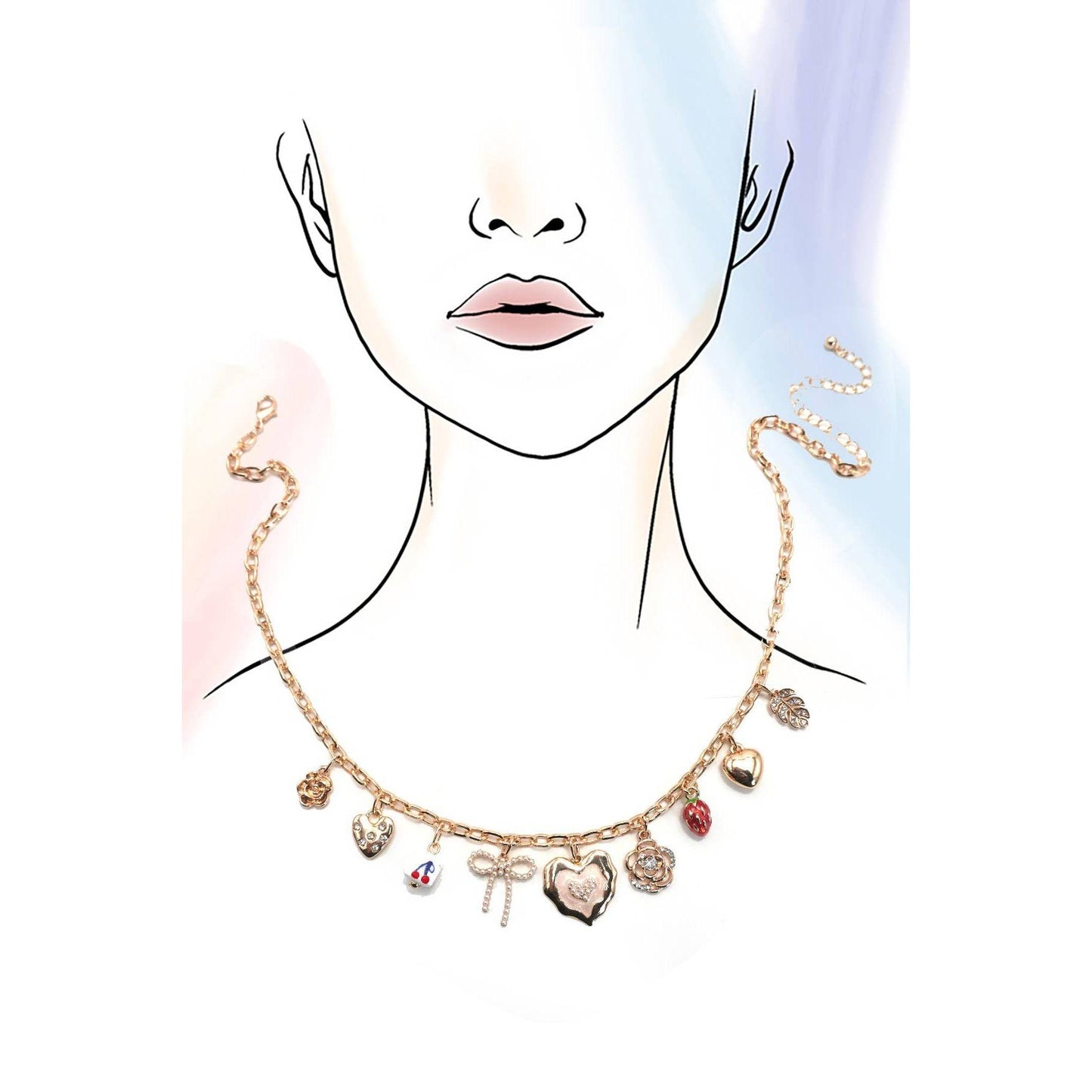 Cherry Coquette Bow Strawberry Flower Heart Multi Charm Necklace in Gold Plating | 16.5" Long