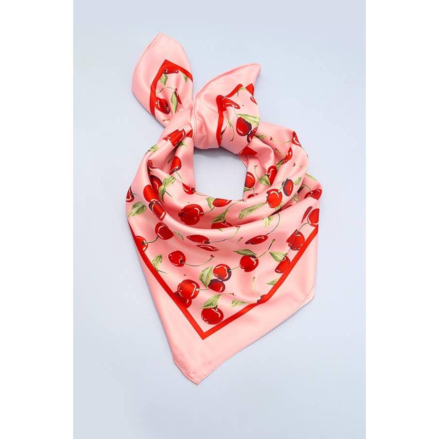 Cherry Print Silky Feel Bandana Scarf | 21.7" Square Bandana or Neck Scarf