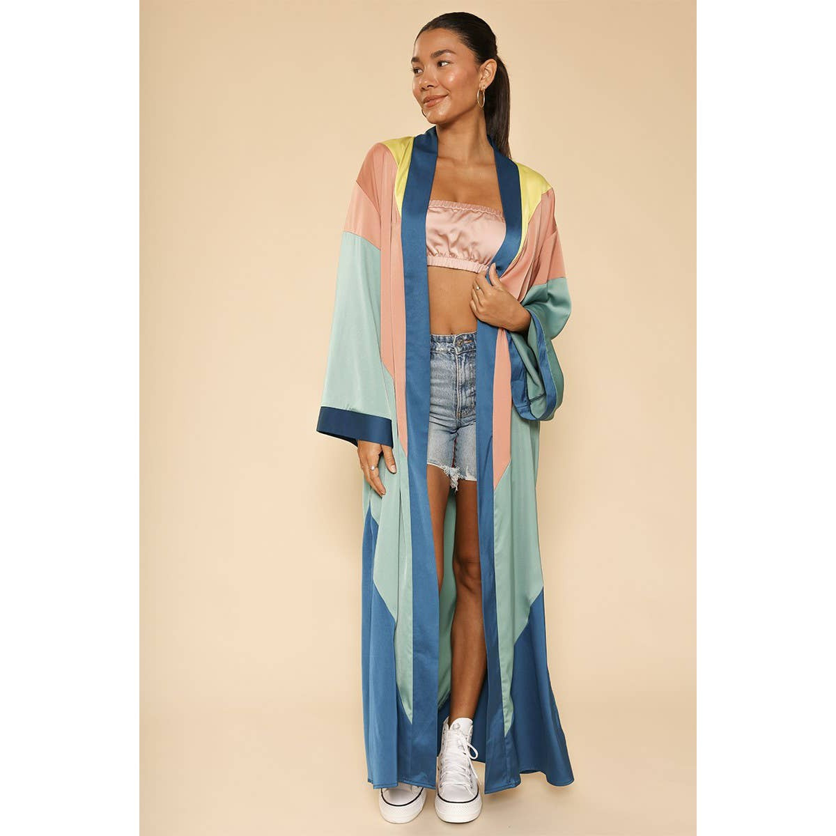 Miss Sparkling Chevron Kimono Big Long Textured Satin Duster | Light Jacket, Outdoor Robe, Swimsuit Coverup | Sizes SM-XL