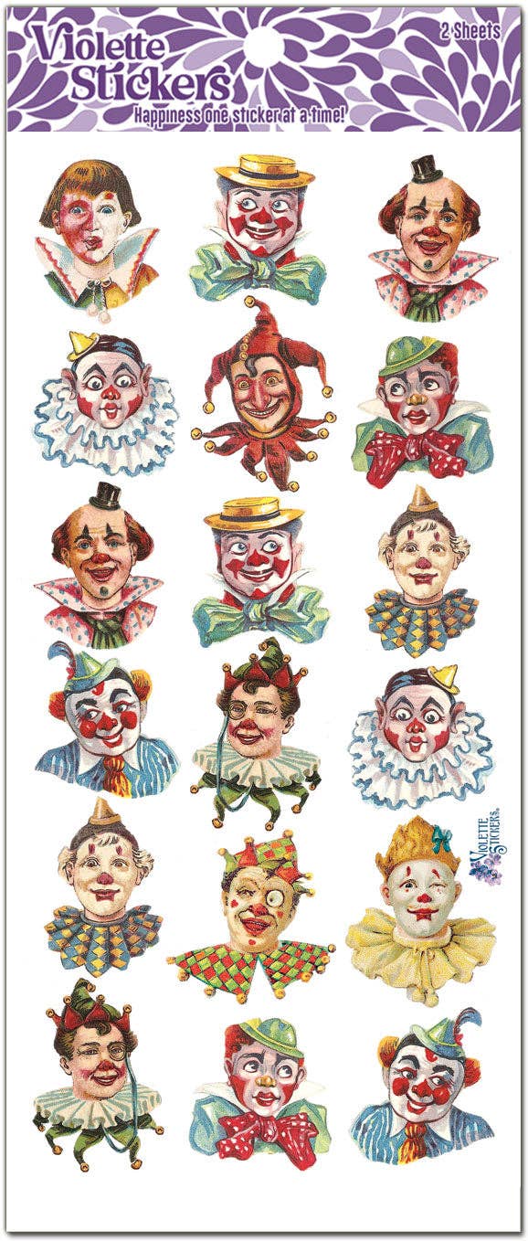 Clown Faces Stickers | 4" x 8" Paper Stickers | 2 Sheets