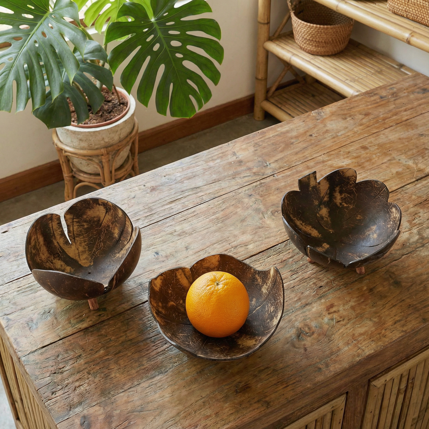 Coconut Bowls in Set of 3 | Decorative Boho Rustic Footed Bowls