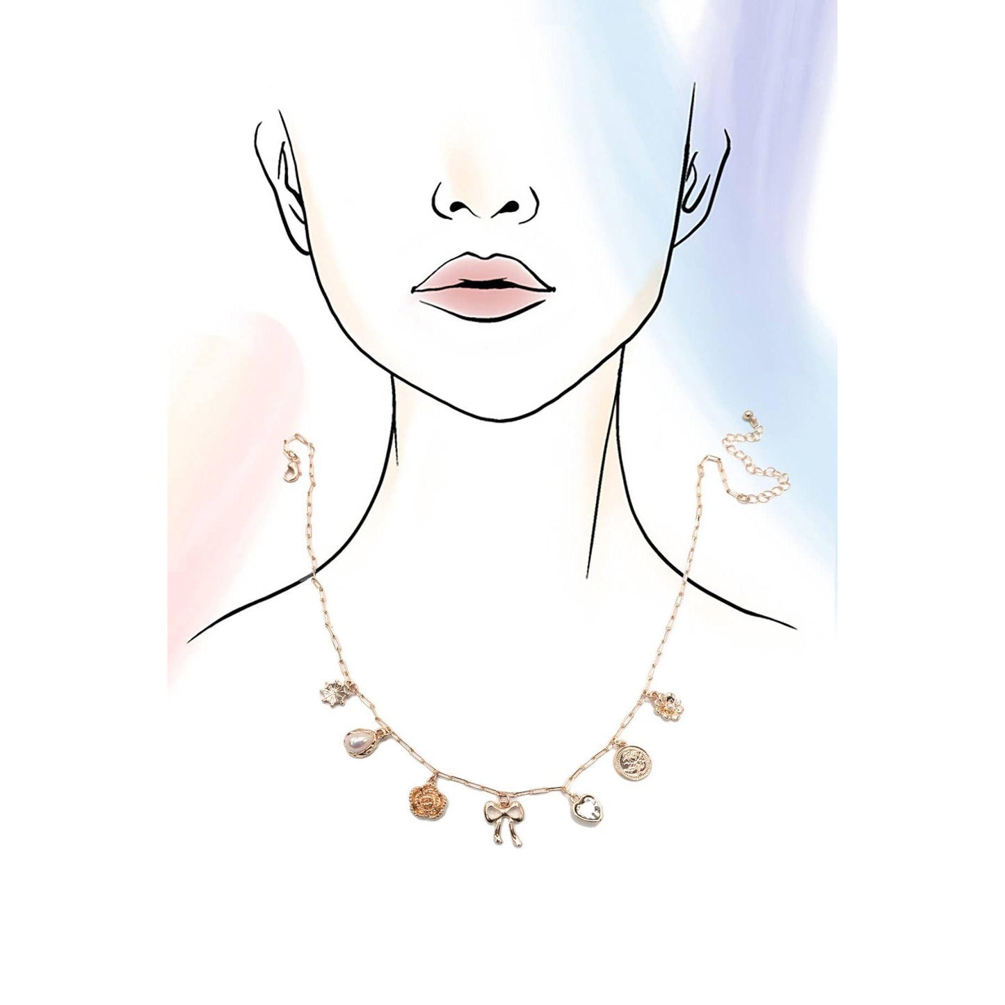 Coquettecore Bow Heart Flower Charm Link Chain Necklace in Gold Plating | 16.5" Length | Paper Clip Style Chain