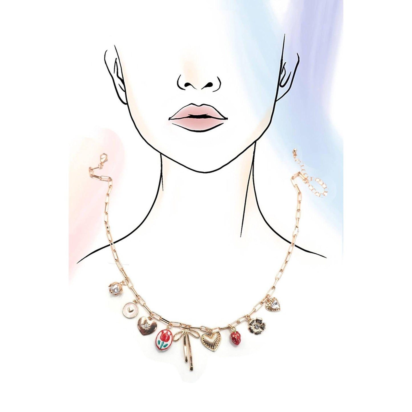 Coquettecore Bow Tulip Strawberry Toile Charm Necklace in Gold Plating with Red Accents | 16" Long | Paper Clip Style Chain