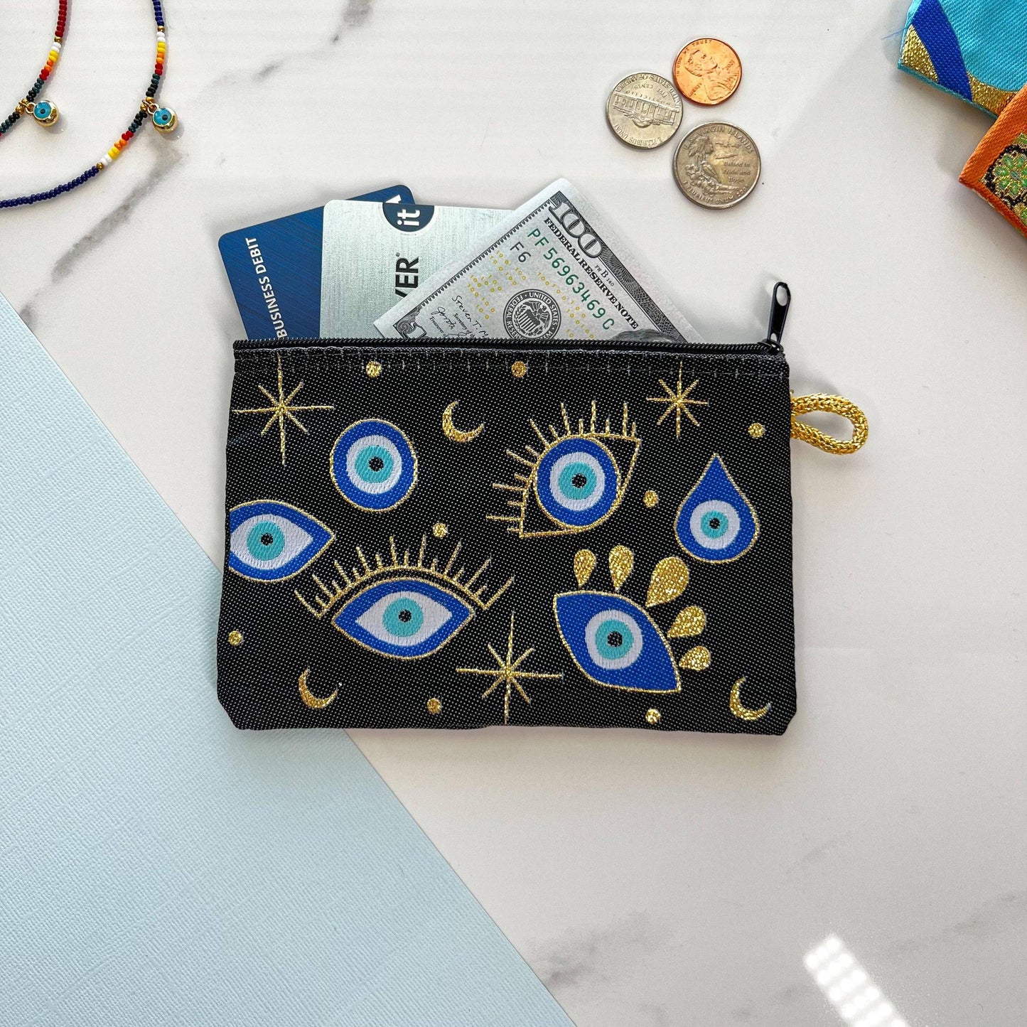 Cute Black Small Pouch Evil Eye Design Fabric Coin Purse | Handmade in Turkey | 4" x 5"