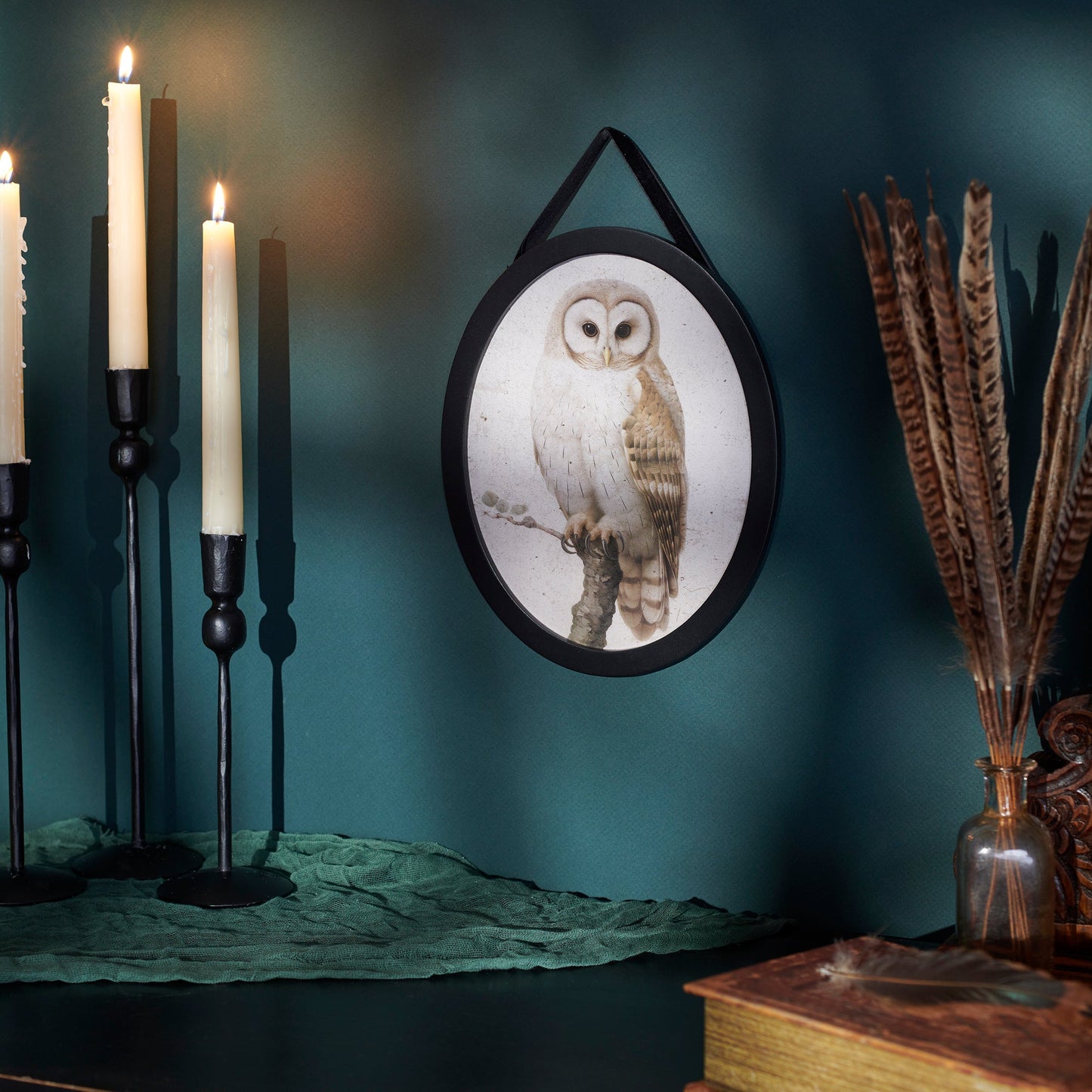 Dark Academia Owl Hanging Decor | Oval Shape Wood Vintage Art Decor | 8" x 10"