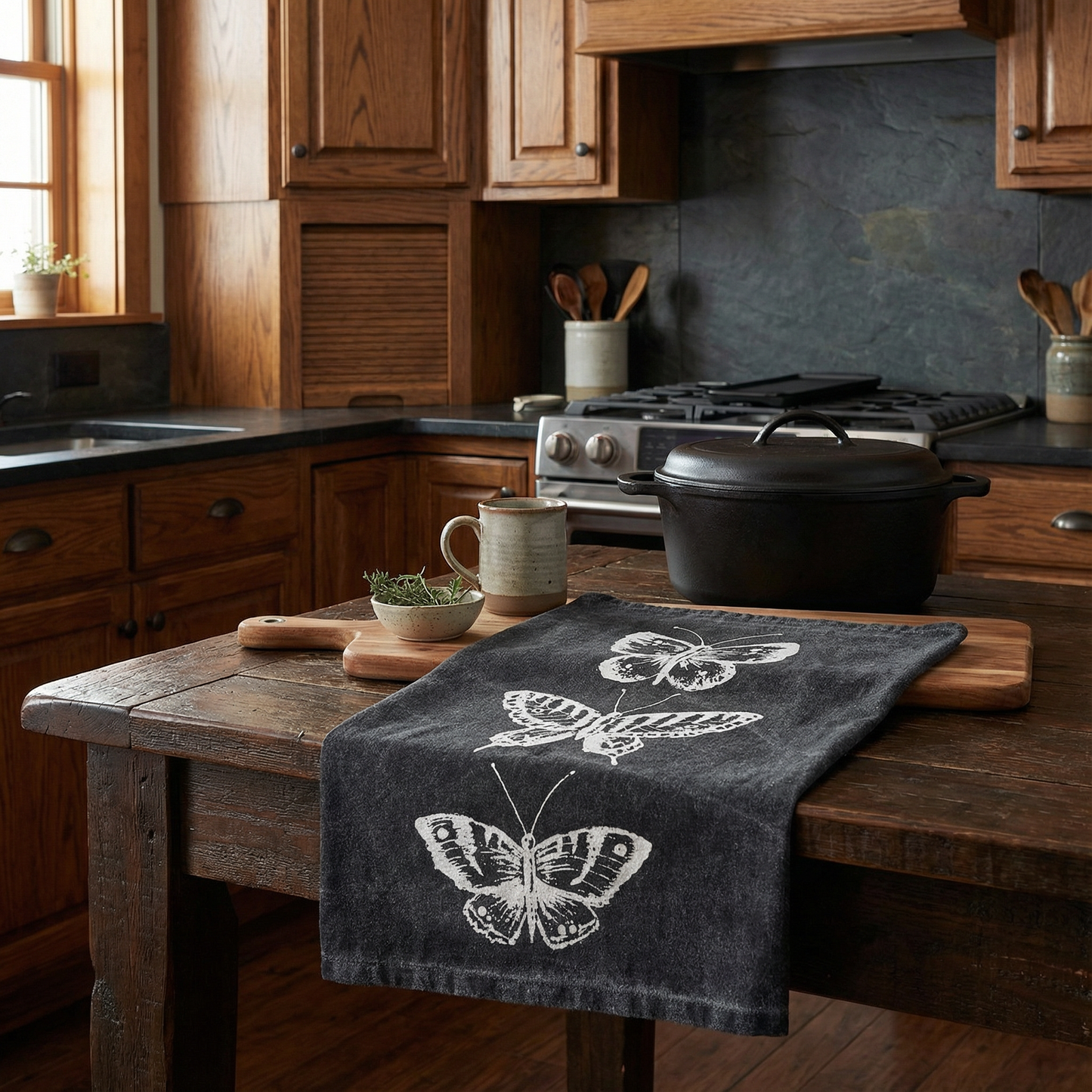 Dark Butterflies Kitchen Towel | Cotton Tea Hand Dish Cloth Black Stonewashed | 28" x 28"