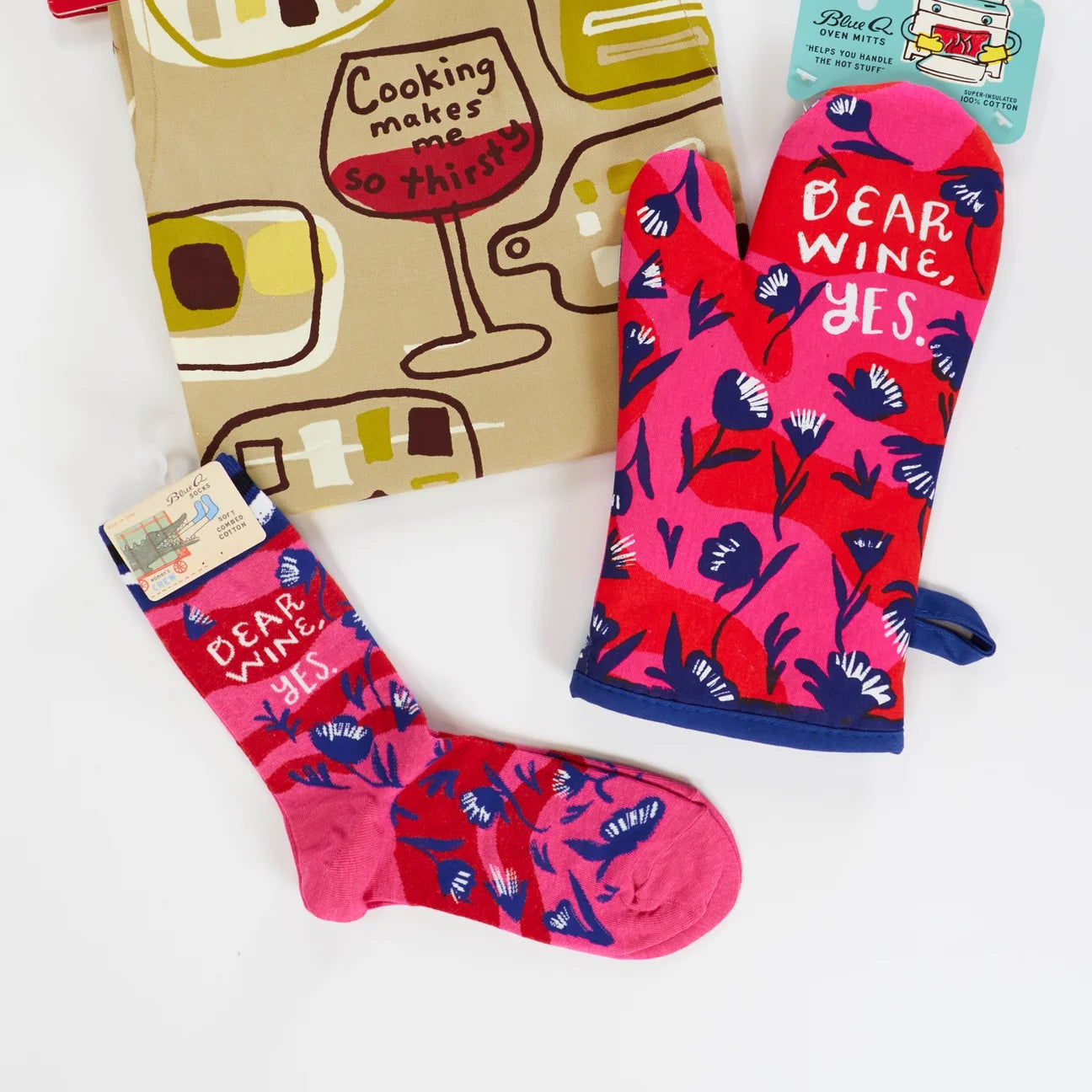 Dear Wine, Yes Women's Crew Socks in Pink and Red | BlueQ at GetBullish