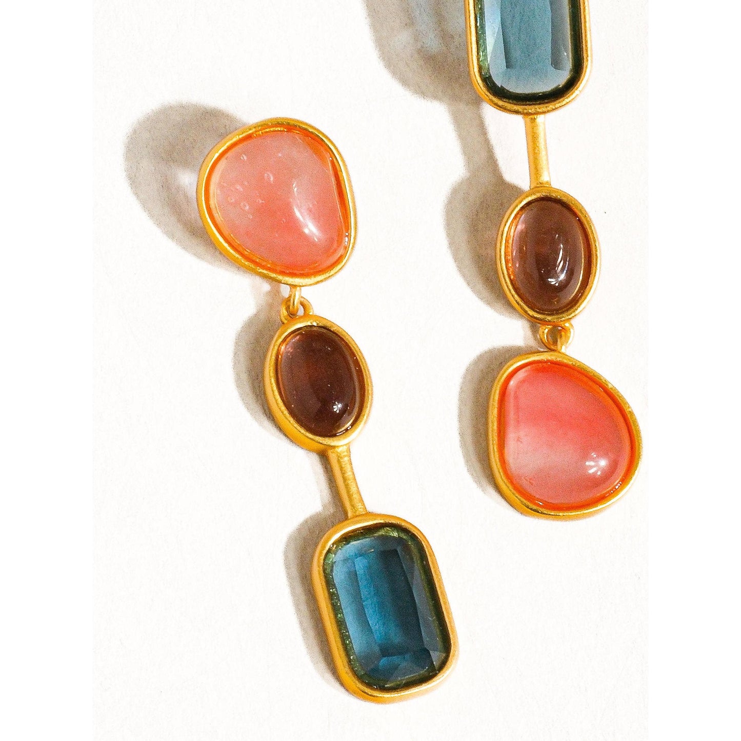 Delia 18K Gold Vintage Mismatch Drop Earrings | Watermelon Tourmaline Glass Statement Earrings