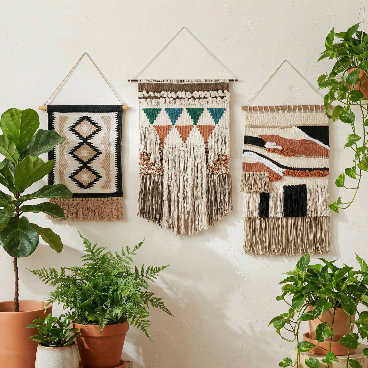 Diamond Western Cotton Wall Hanging with Jute Tassels | Rustic Boho Western Wall Décor | 10" x 12"