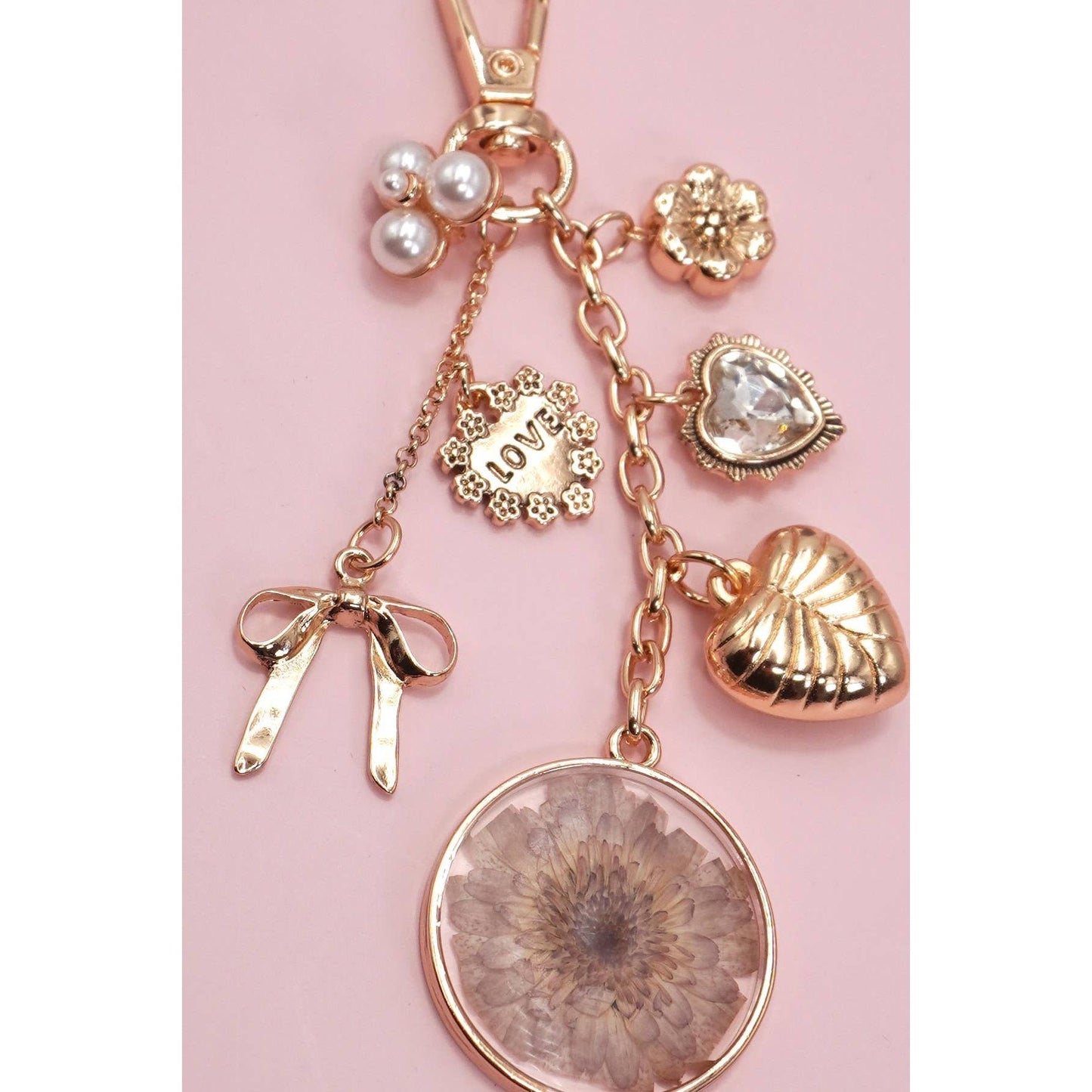 Dried Flower Coquette Bow Heart Pearl Bag Charm in Gold Plating | 4.5" Long Purse Keychain