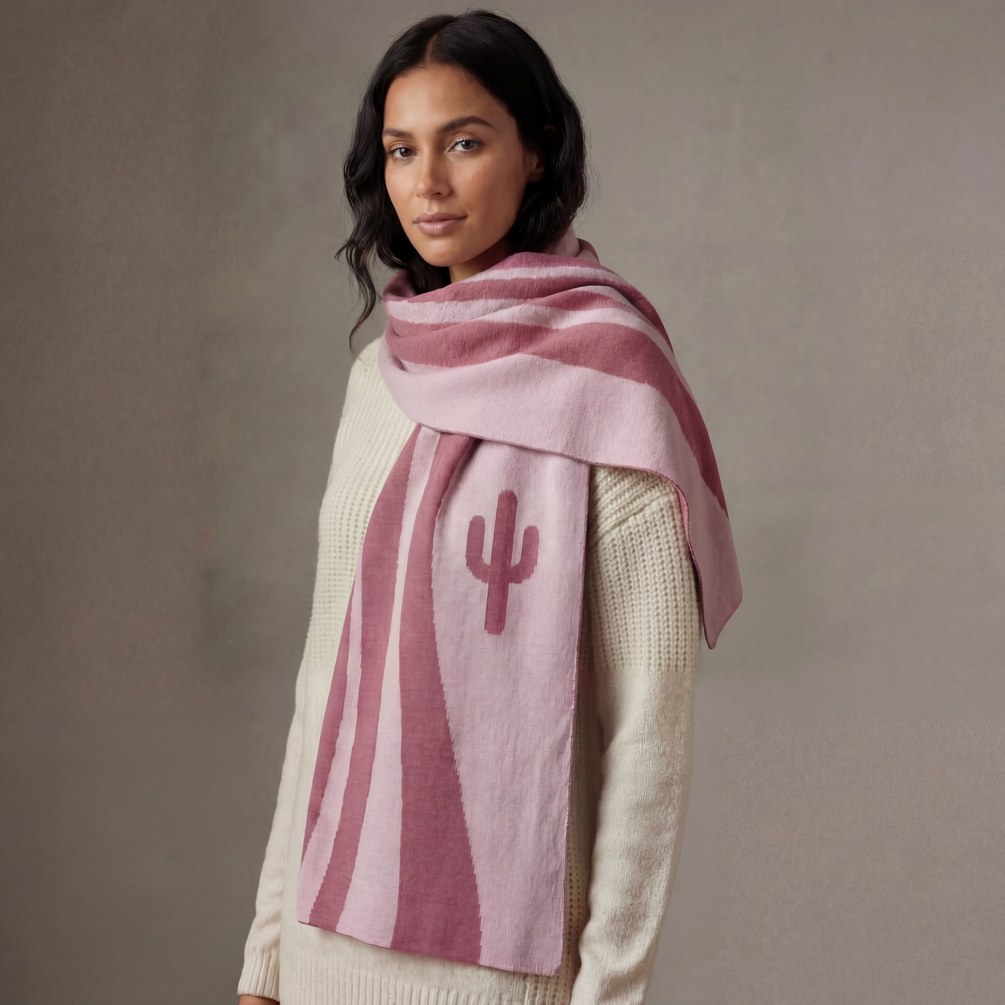 Dust Rose Desert Cactus Scarf | Retro Intarsia Knit Scarf