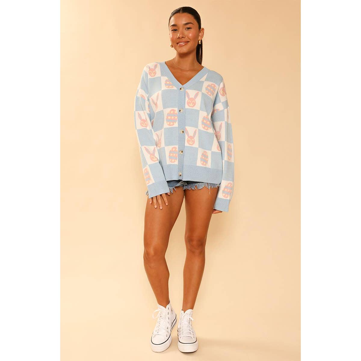 Easter Bunny Check Cardigan | Blue Bunny & Egg Knit Cardigan | Button Front Easter Sweater