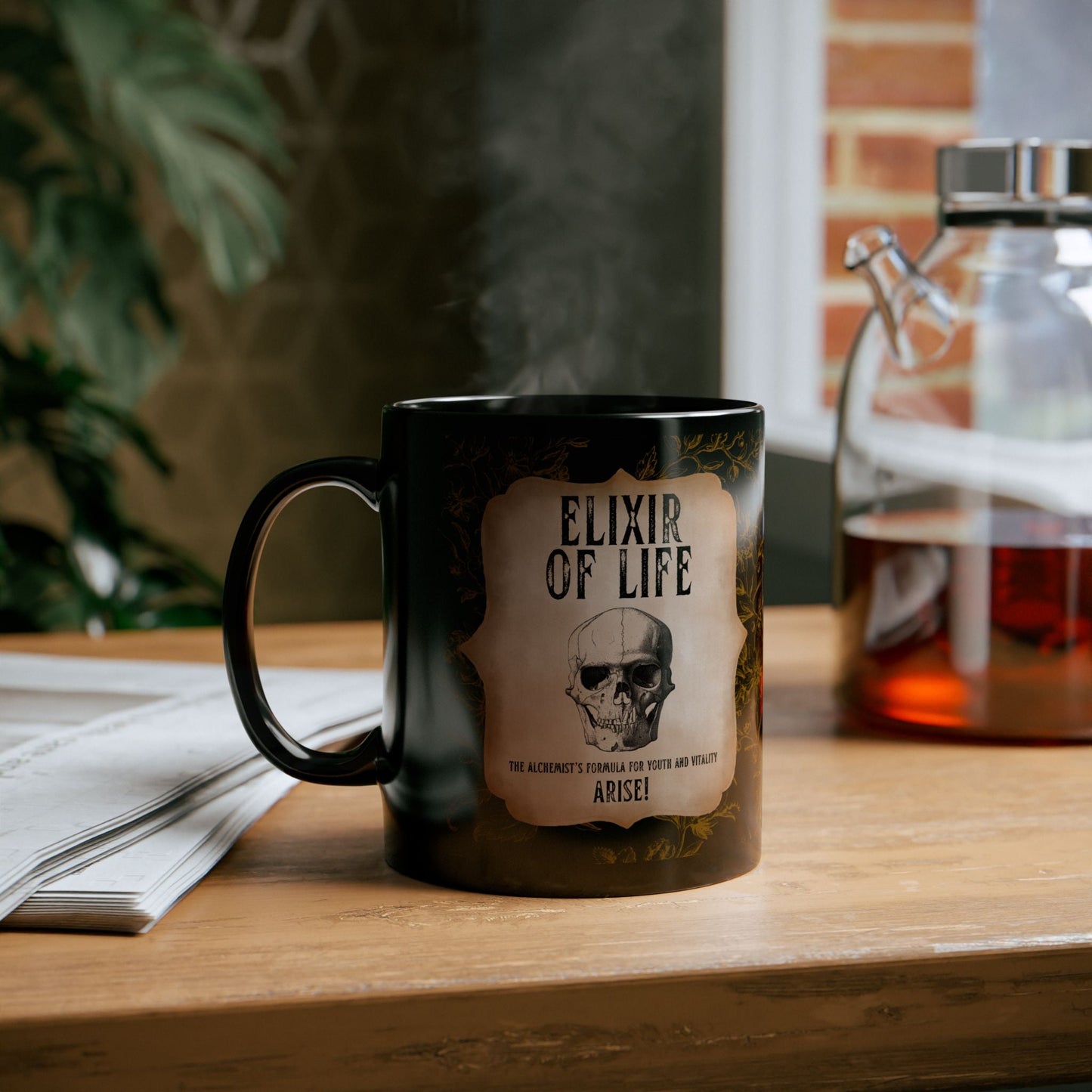 Elixir of Life The Alchemist's Formula for Youth and Vitality 11oz Black Coffee Mug with Vintage Skull Motif