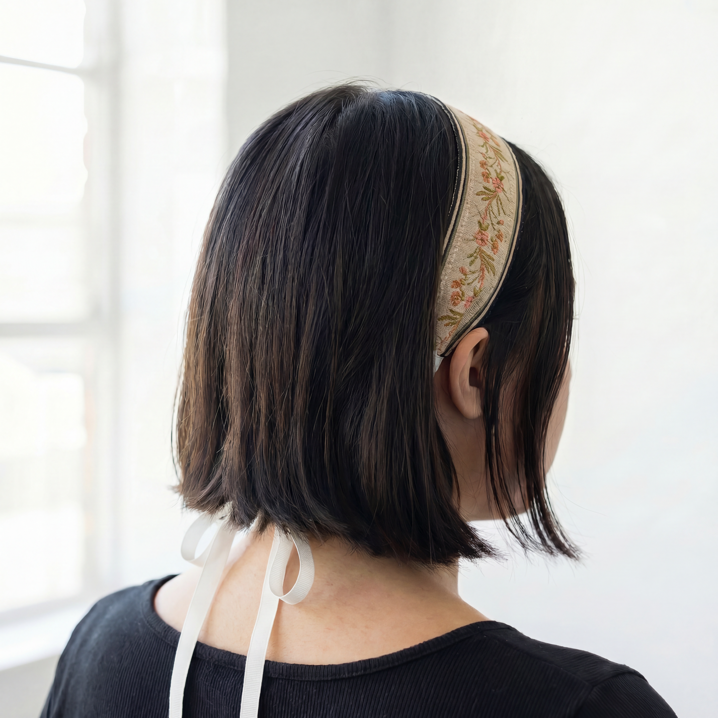 Embroidered Floral Tie Fabric Headband Set | 4 Sweet Neutral Headbands in Beige, White & Black