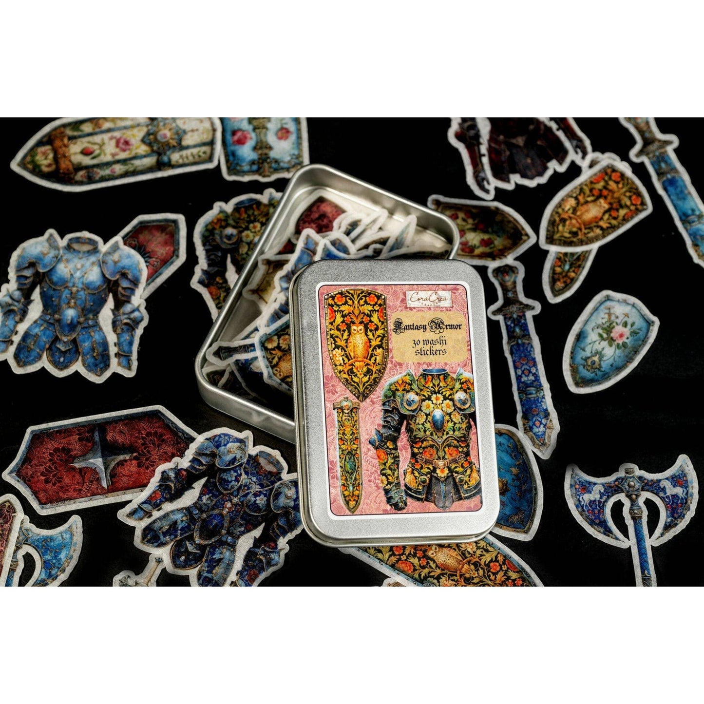 Fantasy Armor Sticker in Tin Box | Medieval Inspired Weapons Collection Decals
