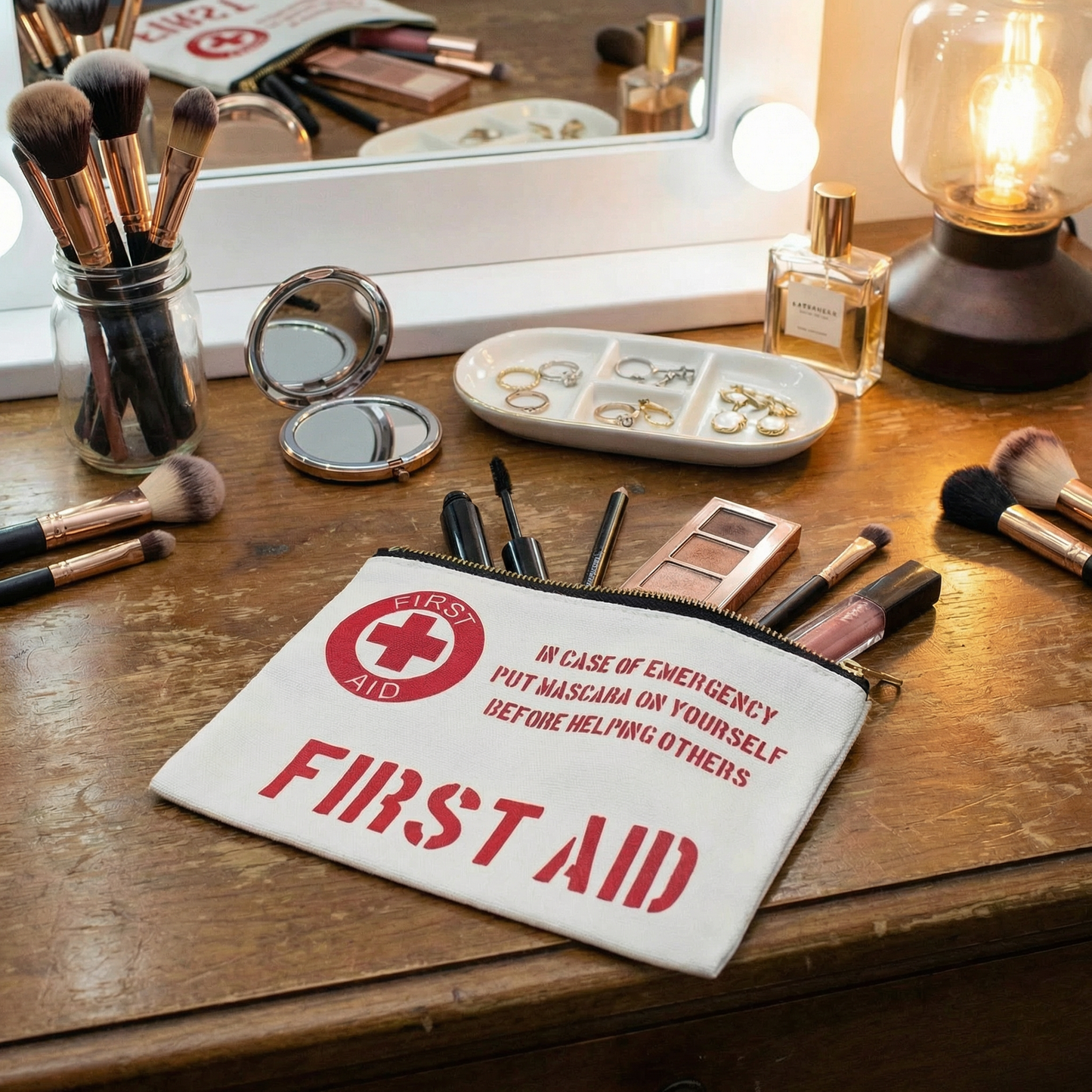 First Aid Makeup Bag | Cotton Canvas Travel Cosmetic Pouch | Small Zipper Toiletry Bag