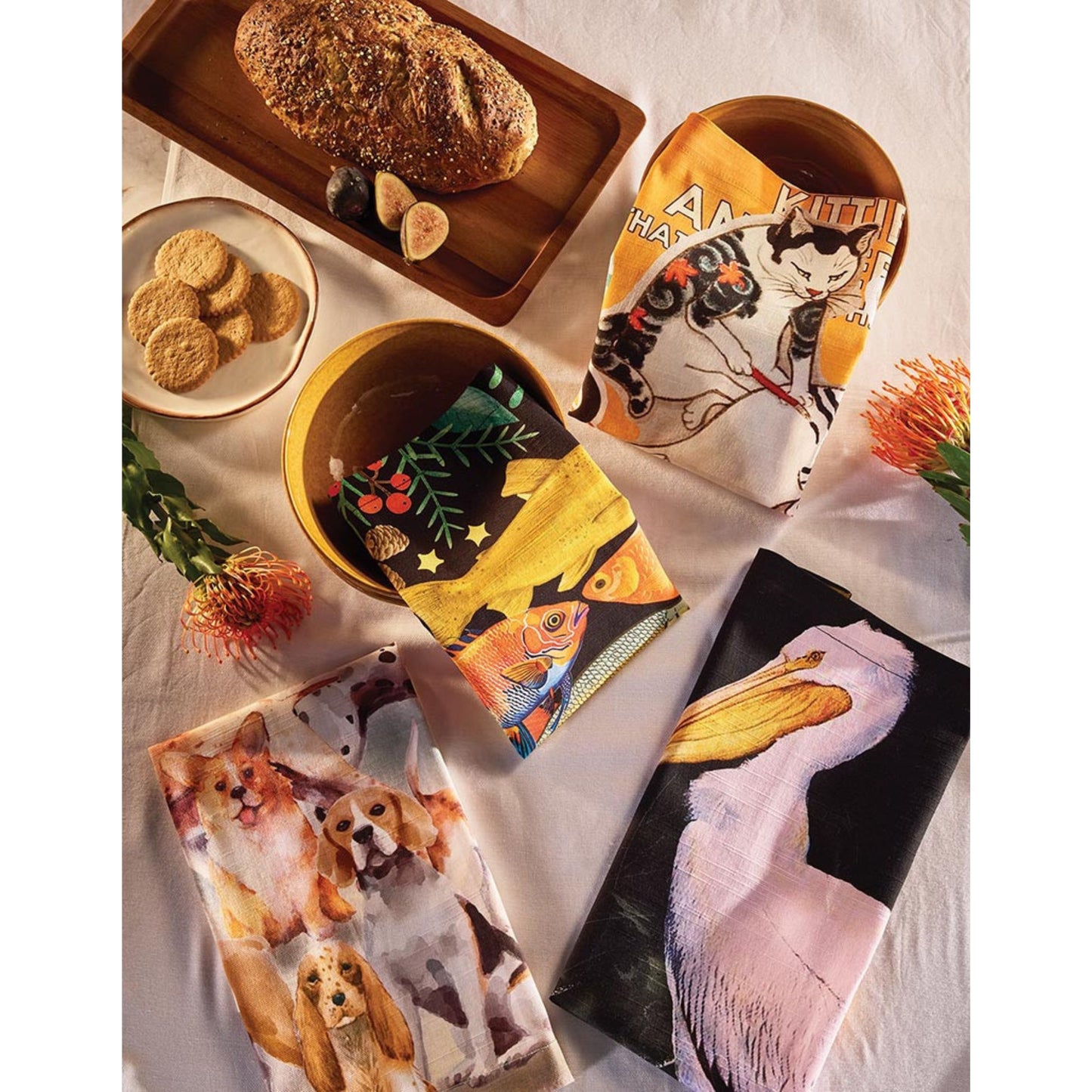 Fishes Cloth Napkins Set of 4 | Tropical Fish Cotton Napkins on Black Background
