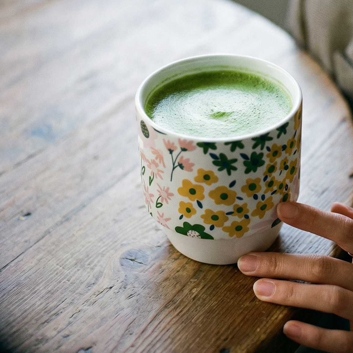 Floral Ceramic Mug with Bamboo Base