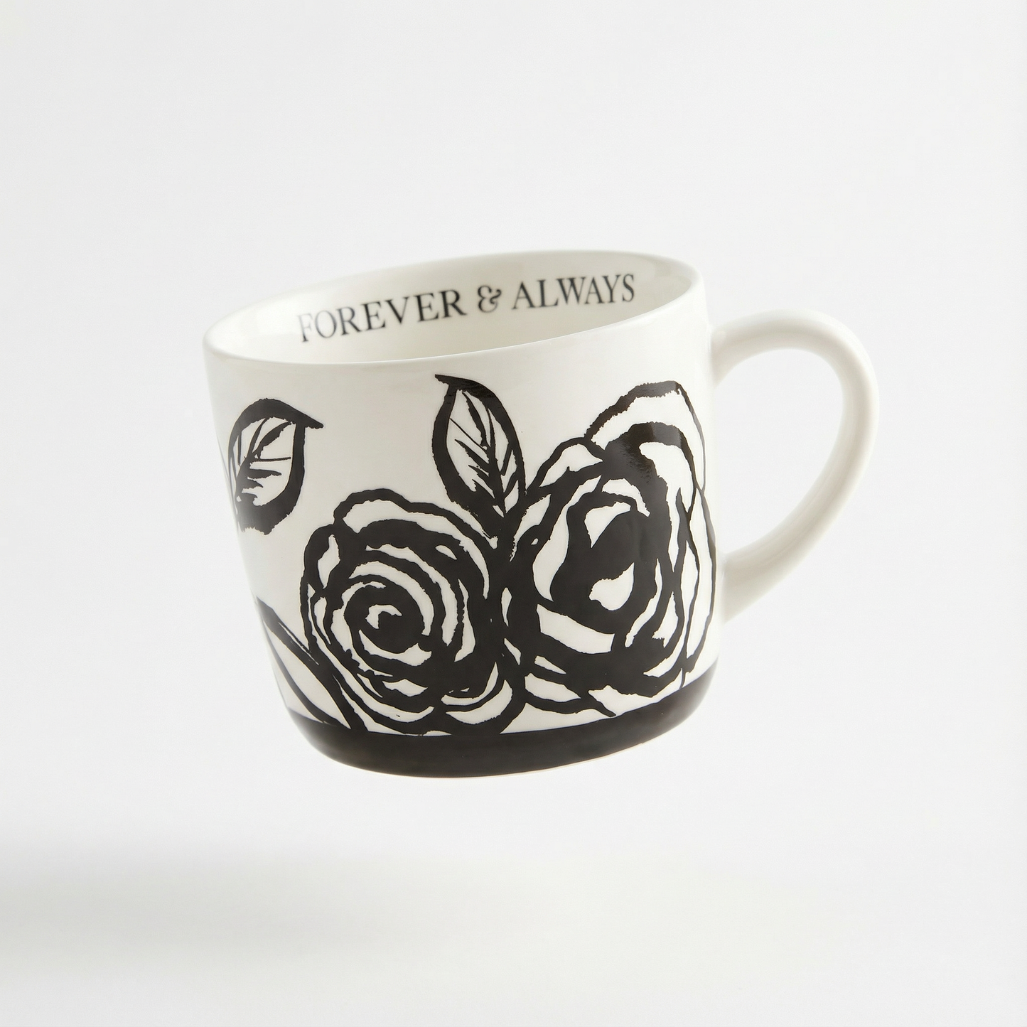 Forever & Always Mug in White with Black Floral Artwork | Giftable Coffee Tea Cup | 15oz