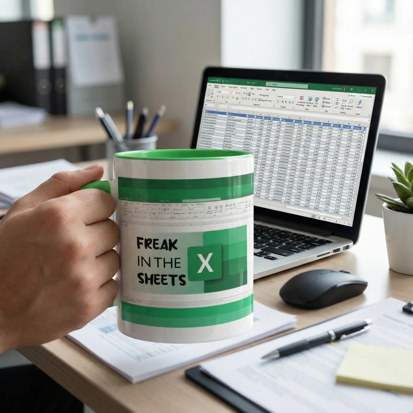 Freak In The (Excel) Sheets Ceramic Mug in White and Green | Coffee Tea Cup | 15oz