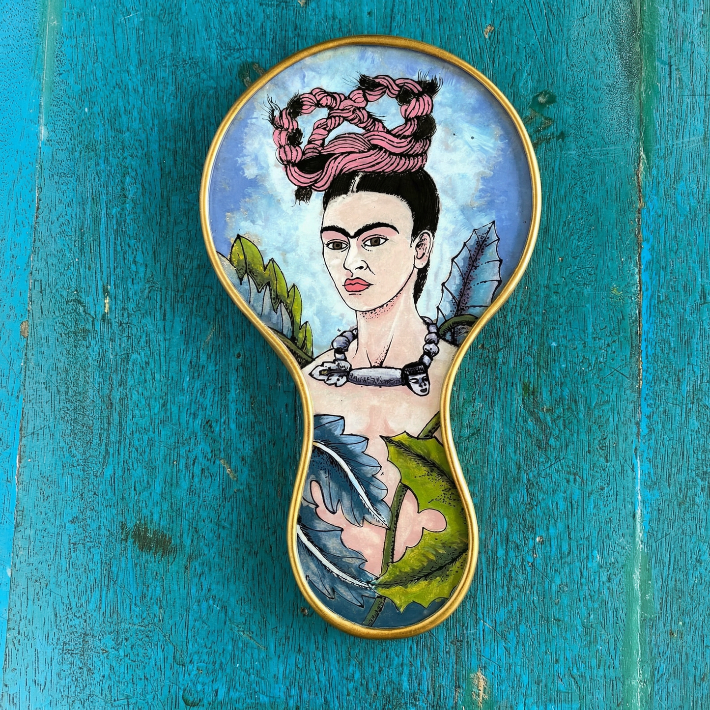 Frida Kahlo Hand Mirror with Floral Hair Knot | Hand-Painted Reverse Glass, Made in Peru