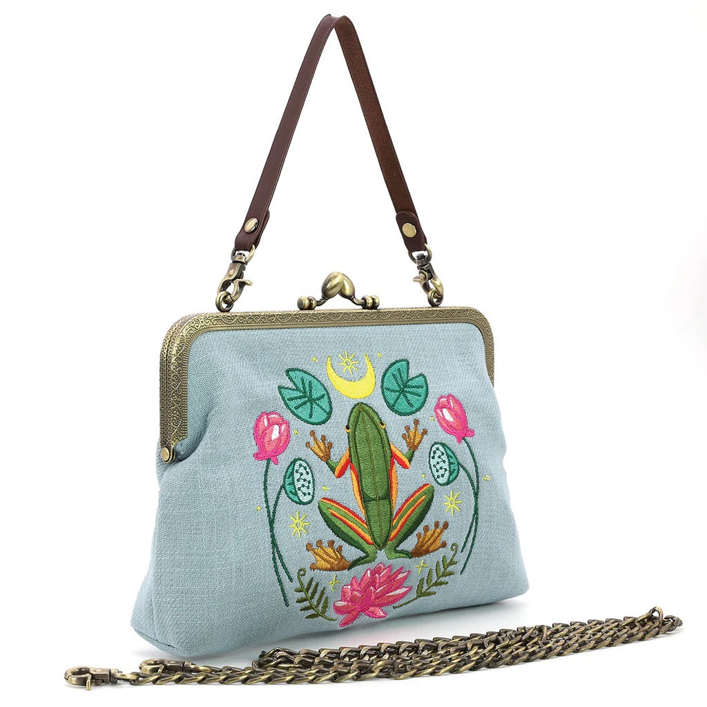 Frog in the Lily Pond Kiss Lock Bag in Linen Cotton Blend Material