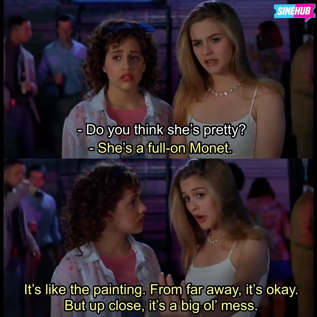 Clueless actresses talking with subtitles in a crowded setting