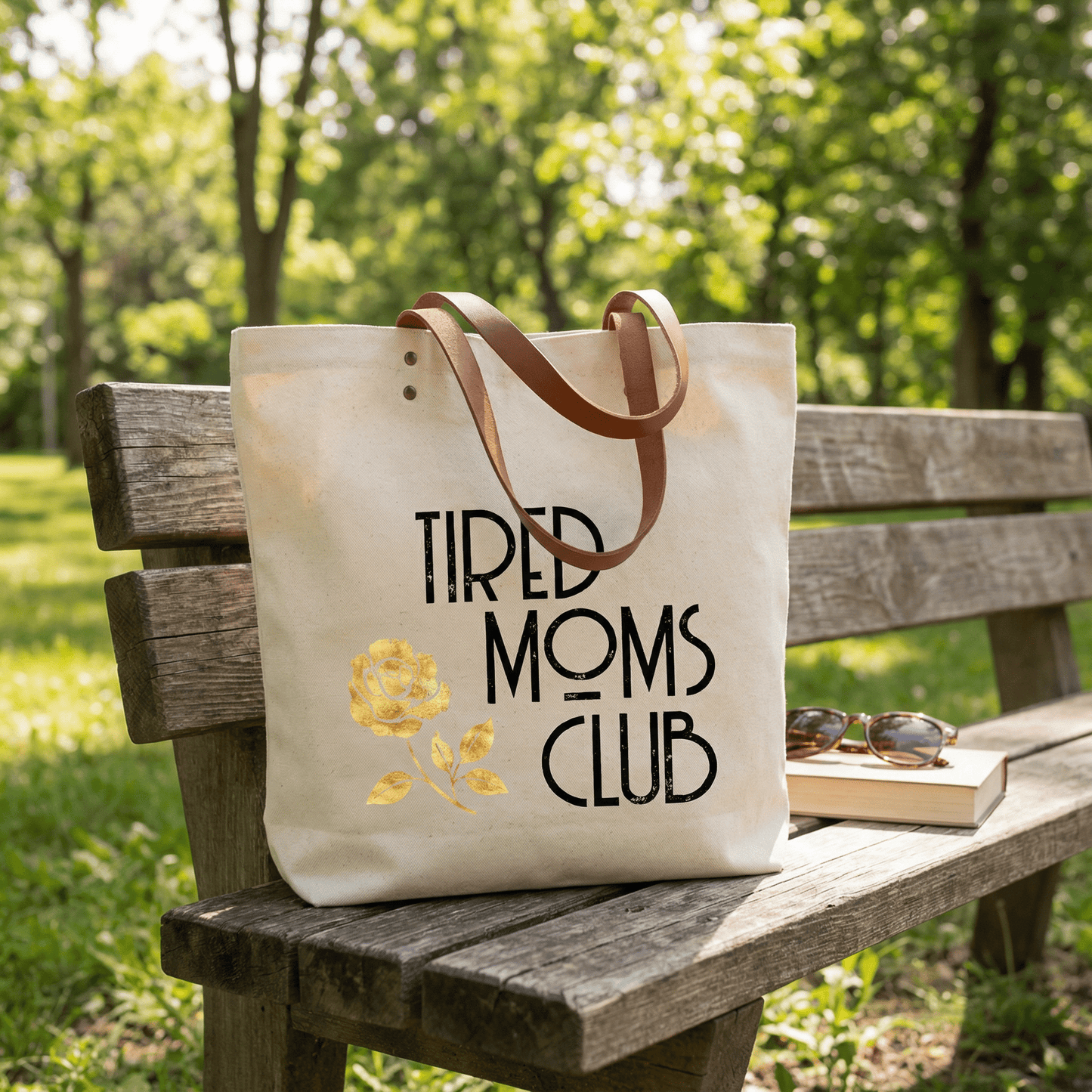 Fun Club Tired Moms Club Canvas Tote Bag | Vegan Leather Handles