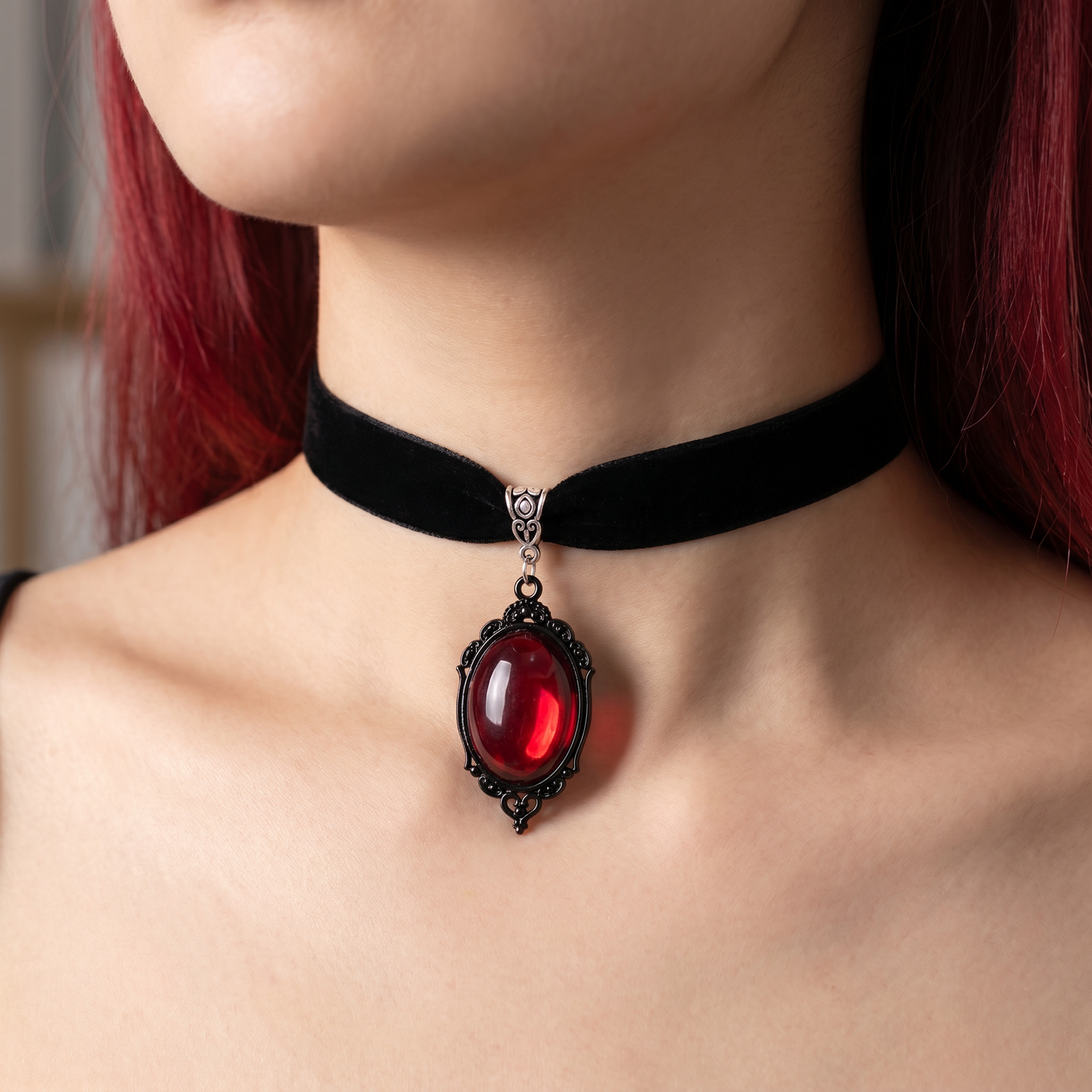 Gothic Blood Choker | Black Velvet Choker with Red Gem