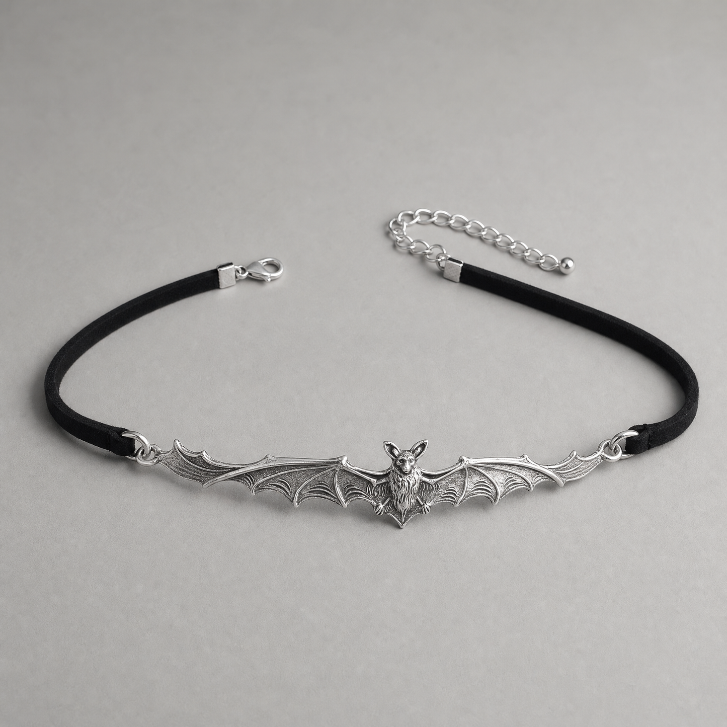 Gothic Bat Choker | Silver Bat Pendant on Black Cord | Silver Hardware