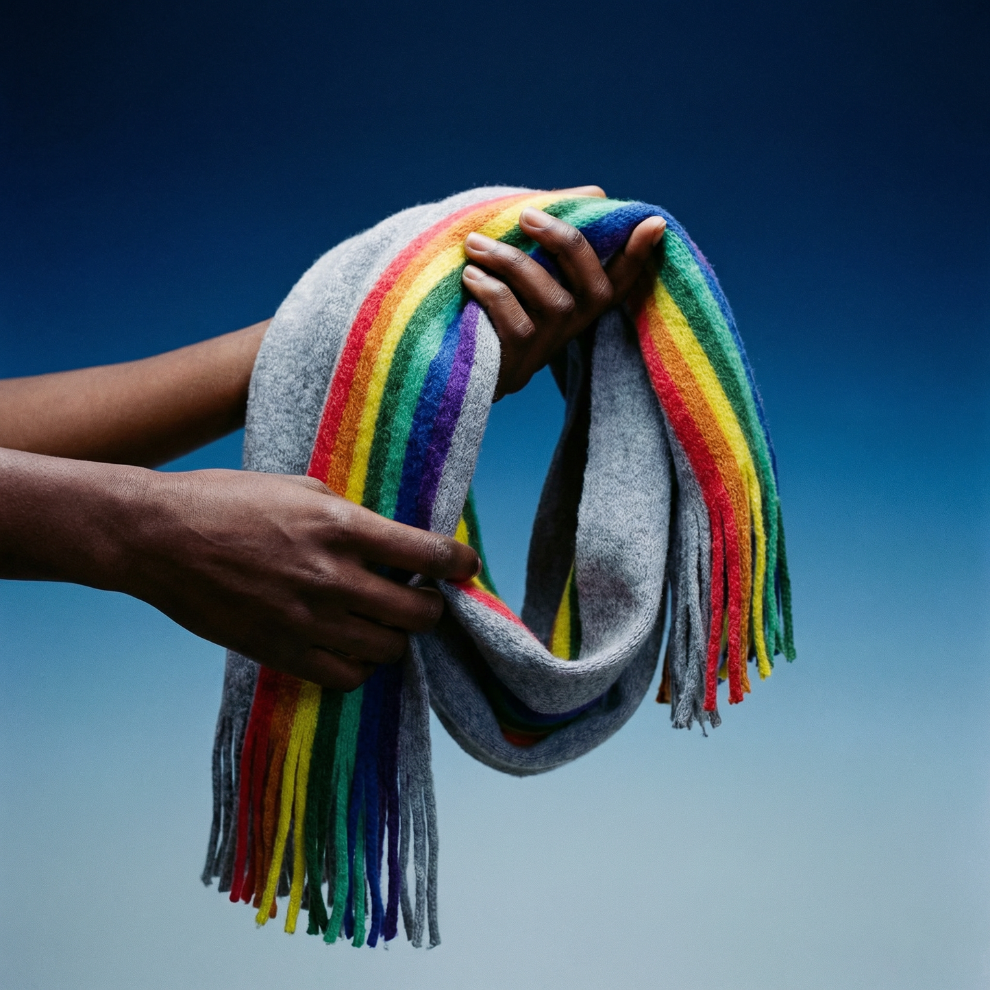 Winter Pride Wooly Unisex Rainbow Scarf in Gray and Rainbow Stripe | 15" x 79"