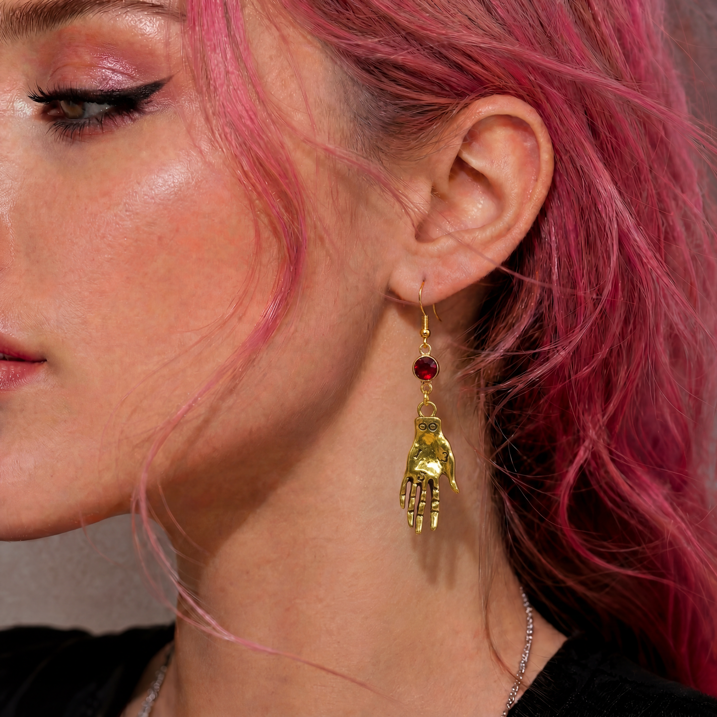 Palm Reading Hand Earrings in Red Gemstone