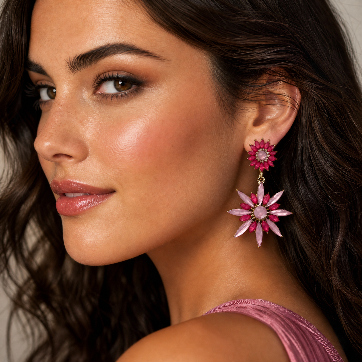 Pink Flowerburst Statement Earrings | Art Deco Gem Earrings in Hot Pink & Ballet Pink