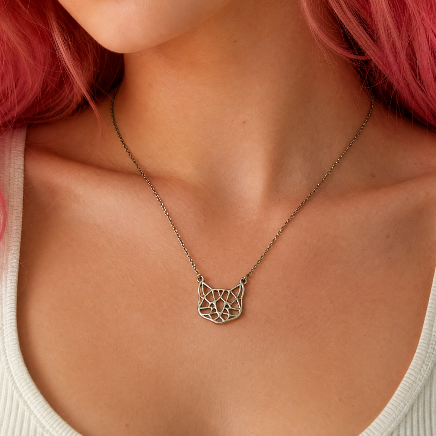 Openwork Cat Necklace | Kitty Face Pendant | 20" Chain + Extender | Gold or Silver