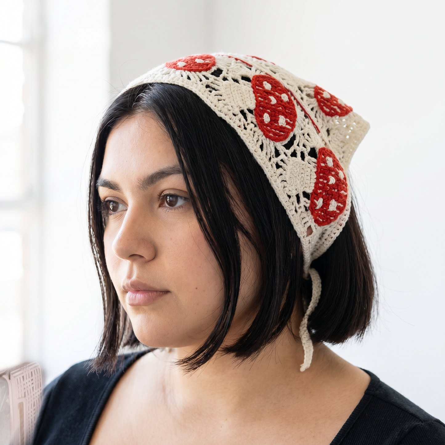 Crocheted Mushroom Hair Kerchief | Red Mushrooms, Bandana-Style in 2 Colors