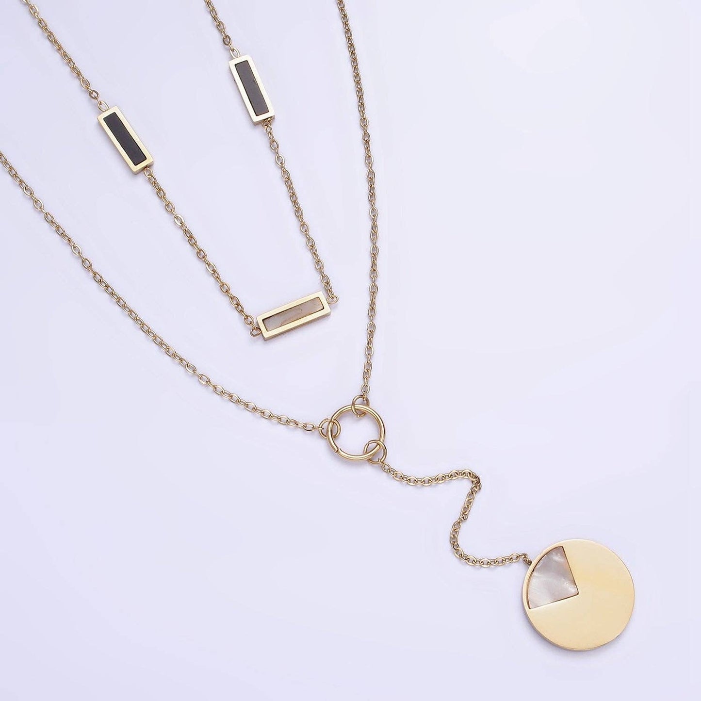 Geometric Shell Pearl and Black Bar Lariat Double Layer Stack Necklace