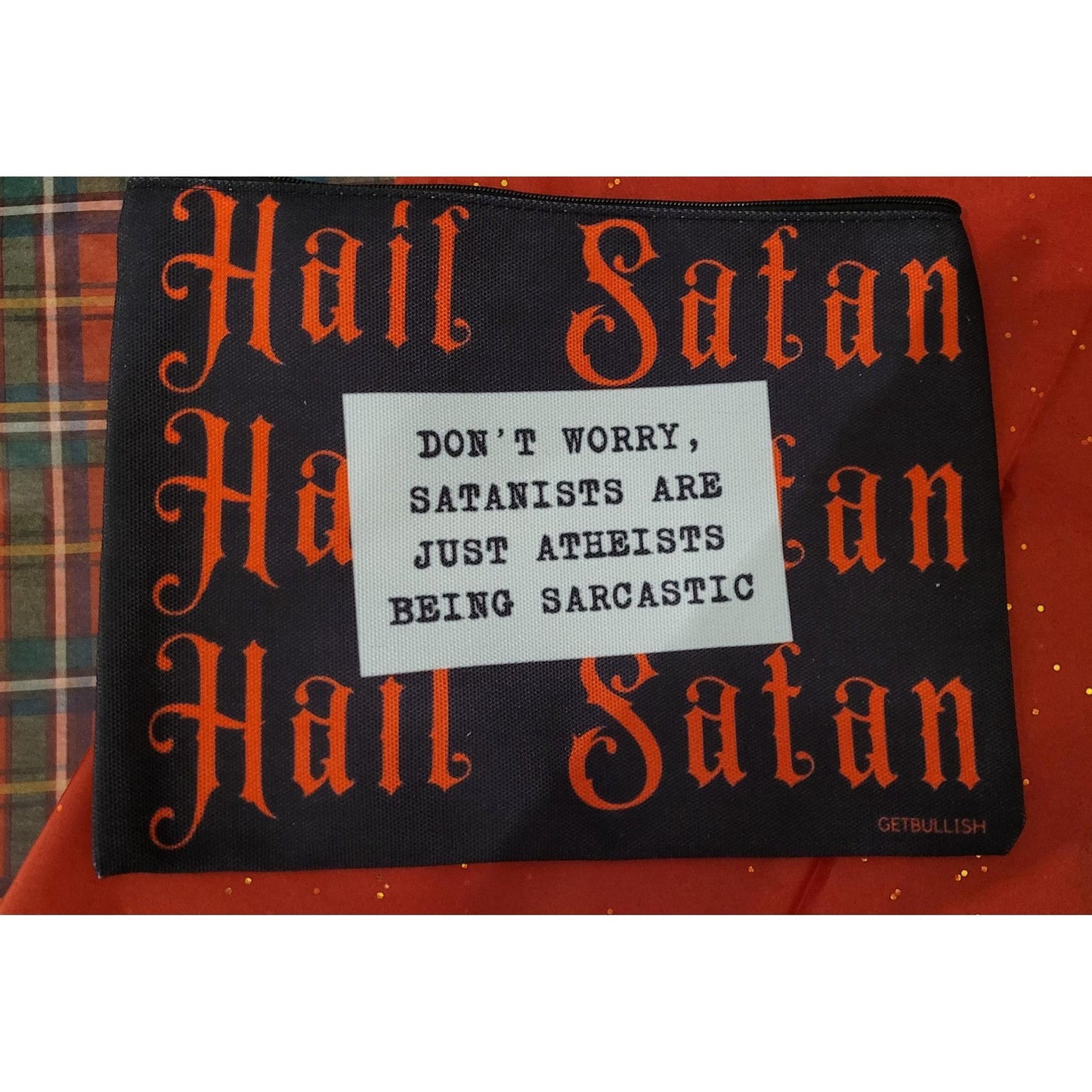 GetBullish Hail Satan Sarcastic Atheist Canvas Zipper Pouch 9.5" x 7" | Cosmetics Bag or Pencil Case