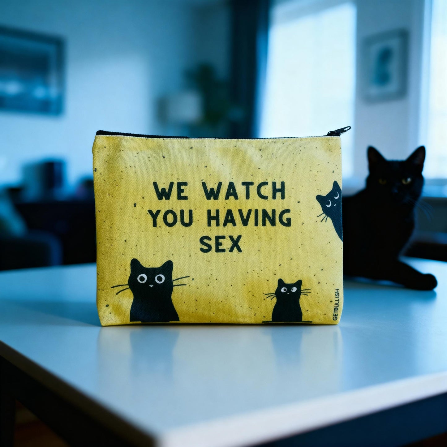 GetBullish We Watch You Having Sex Cats Canvas Zipper Pouch 9.5" x 7" | Cosmetics Bag or Pencil Case