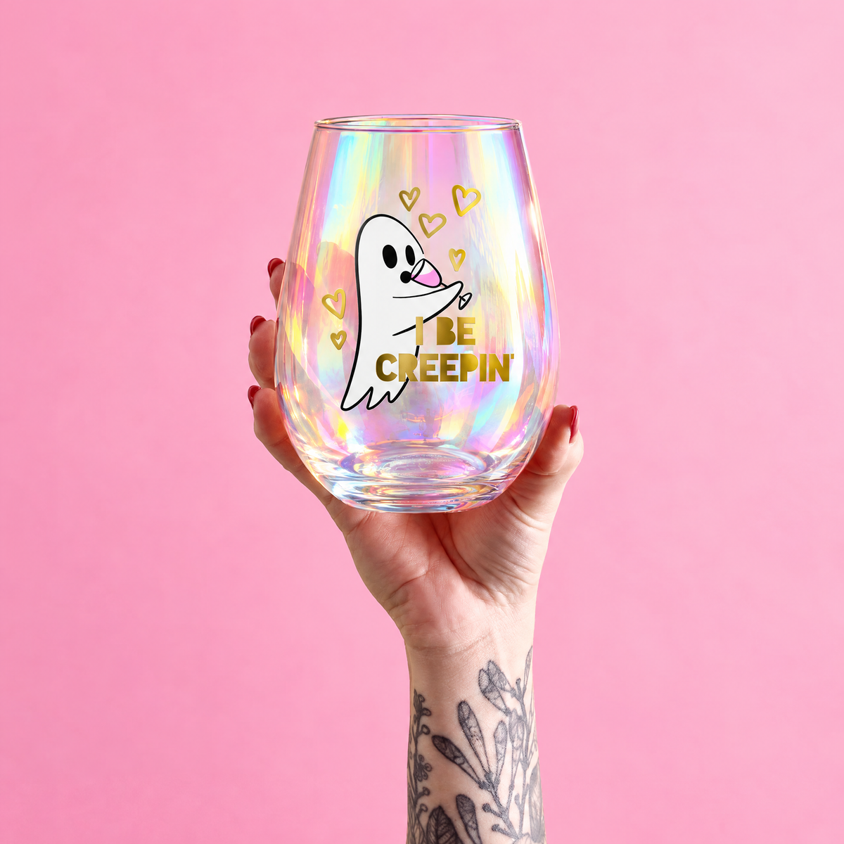 Ghost "I Be Creepin" Jumbo Stemless Wine Glass in Iridescent | 30 Oz. | Holds an Entire Bottle of Wine-Slant-The Bullish Store