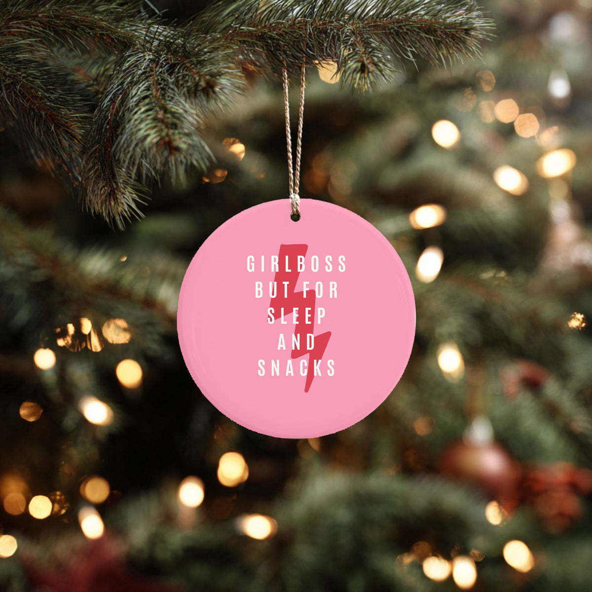 Girl Boss But For Sleep and Snacks Ceramic Ornament | Funny Lazy Girl Holiday Decor | Cozy Gift for Nappers & Snack Lovers
